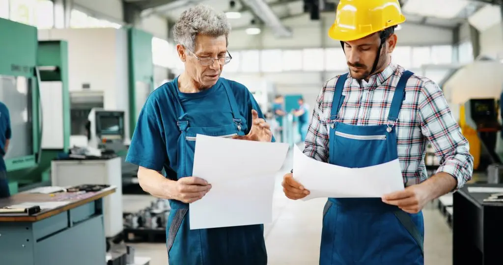 Supplier with engineer checking on production in factory